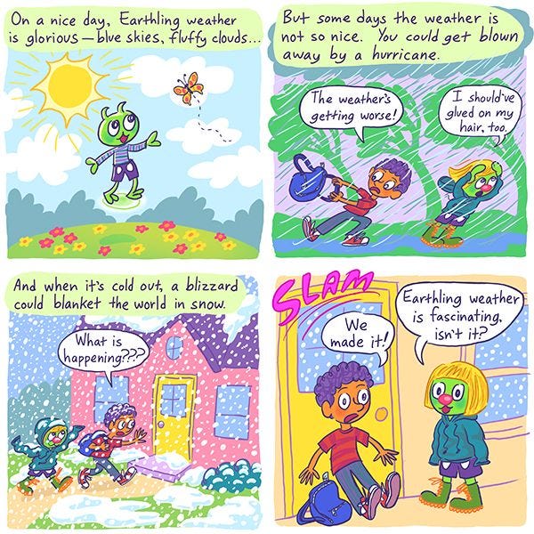 Zark the green alien is fascinated by earthling weather. On a nice day, there are blue skies and fluffy clouds, but on some days, you could get swept away by a hurricane! And when it's cold out, a blizzard could blanket the world in snow. "What is happening???" asks Mark as they hurry into his house. He slams the door. "We made it!" Zark says, "Earthling weather is fascinating, isn't it?"