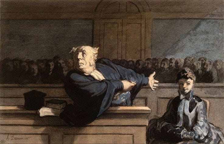 This may contain: an old man sitting at a desk in front of a woman with her hand up