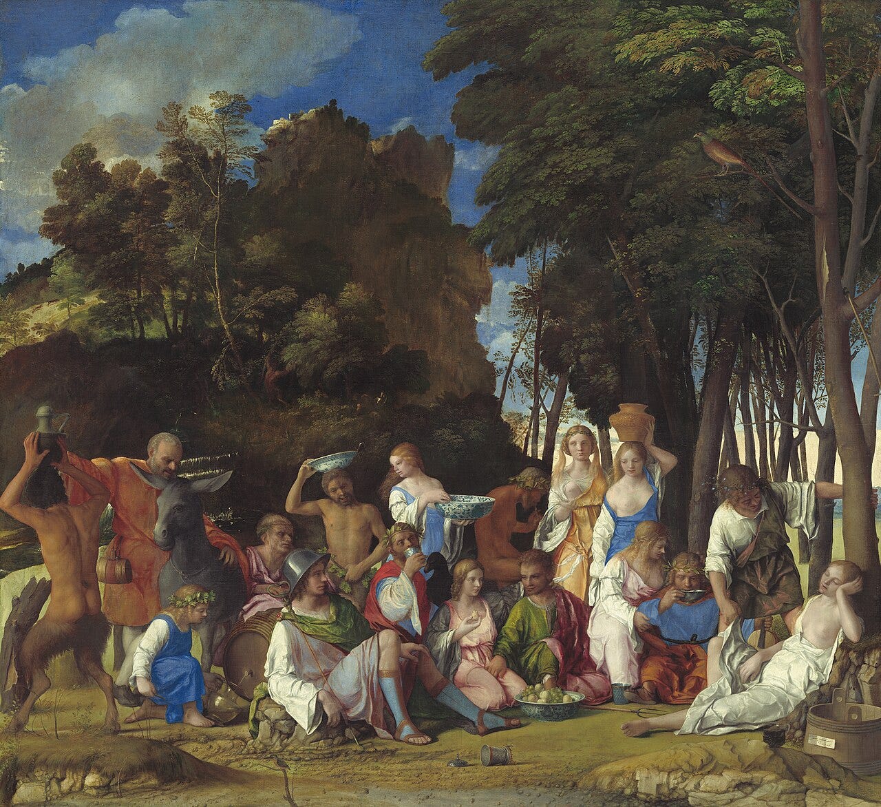 The Feast of the Gods by Bellini and Titian: the gods of Olympus picnic in a wood, served by nymphs and satyrs