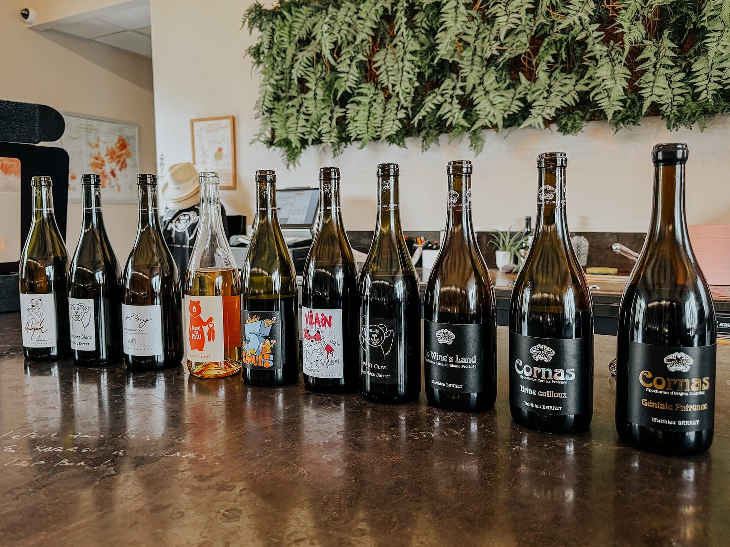 Twelve bottles lined up for a tasting at Domaine de Coulet. A mix of white, orange, and red.