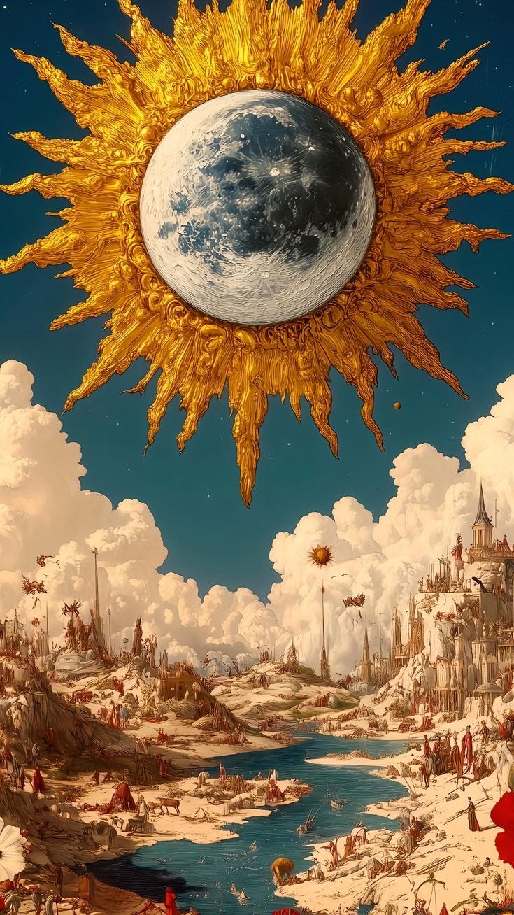 This may contain: an artistic painting of a sun over a city