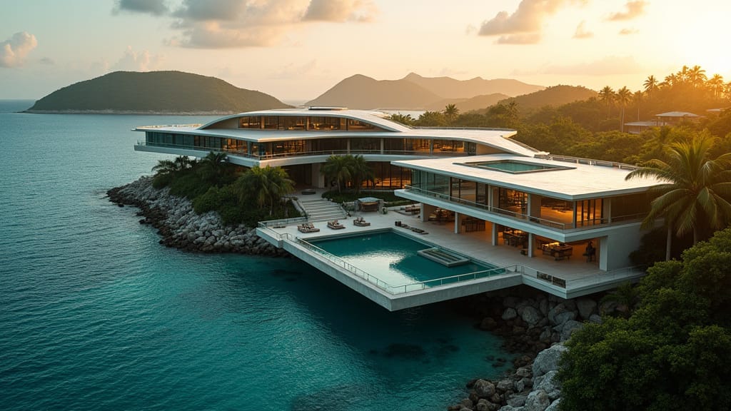 A majestic, modern Jamaican estate in the shape of a sprawling 'M', with sleek, angular lines and expansive walls of glass that seamlessly blend into the lush, tropical surroundings. The structure's innovative design incorporates multiple levels, cantilevered decks, and infinity pools that seem to cascade effortlessly into the ocean below. The atmosphere is one of serene luxury, with warm, golden light spilling across the polished surfaces, casting long shadows and accentuating the dramatic, cinematic feel of the scene.