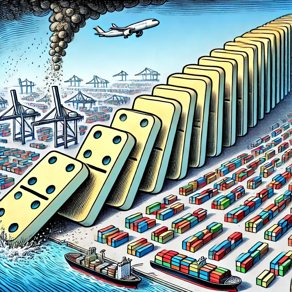 A political cartoon-style image illustrating a chain of dominos, each growing progressively larger, with the smallest domino tipping the next one. The last domino is enormous, dramatically poised to topple directly onto a bustling logistics port below, full of shipping containers, cranes, and vessels. This visually underscores a significant impending impact on global trade or logistics from a seemingly small initial event. Employ exaggerated and humorous elements typical of political cartoons to emphasize the metaphor.