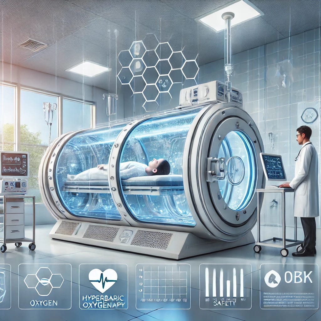 A professional medical illustration depicting a hyperbaric oxygen therapy (HBOT) chamber in a controlled clinical environment. The image features a modern, well-lit medical setting with a transparent chamber, inside which a patient is receiving treatment under the supervision of a doctor. The doctor is wearing a lab coat and monitoring the patient through a digital interface. The image includes subtle elements like oxygen flow icons, medical charts, and safety indicators to emphasize proper protocol. The color palette is clean and modern, with vibrant blues and whites to convey a sense of innovation, safety, and professionalism.
