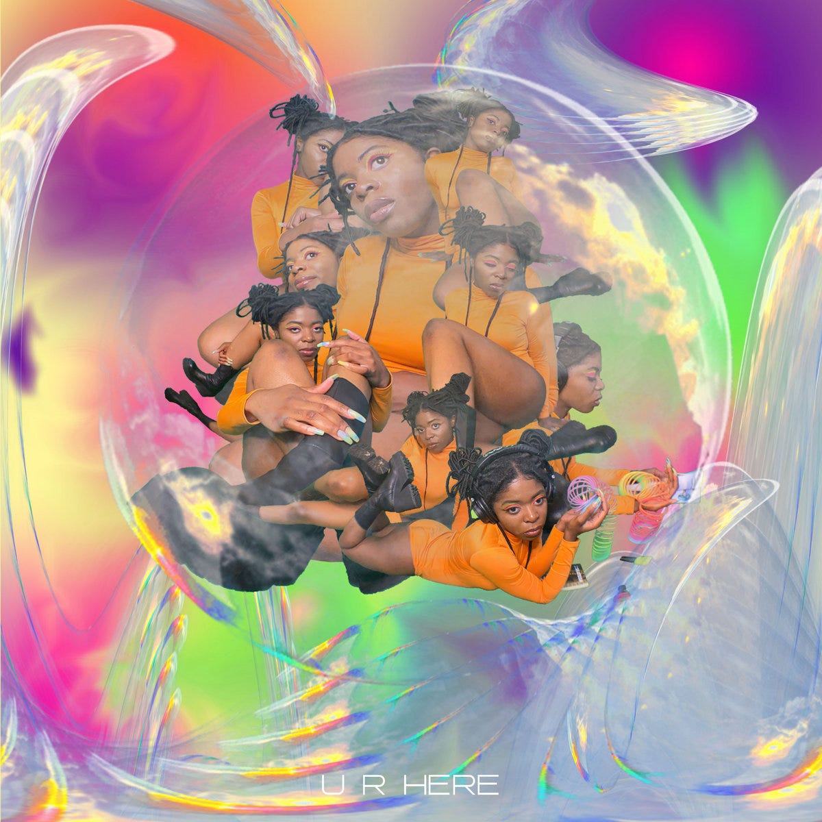 the album cover for U R HERE by STEMLINES, featuring a Black person with locs in two buns posing in an orange outfit and black boots while wearing headphones, playing with a rainbow slinky, and other assorted motions. the image is kaleidoscopic with iridescent bubbles surrounding the portraits