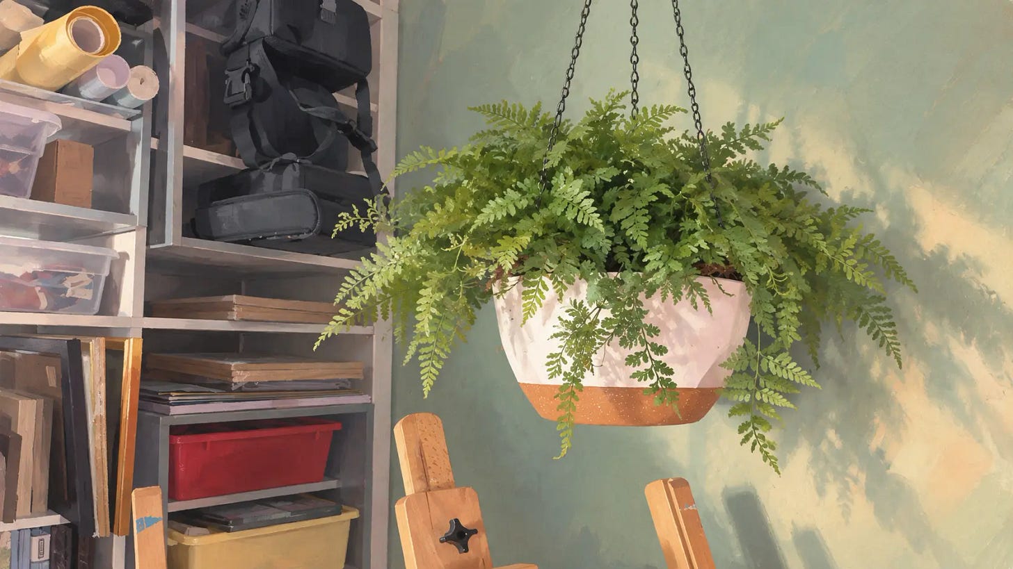 Digital gouache illustration of a lush fern hanging beside crowded art-supply shelves and a wooden easel against a mottled sage-green wall. Digital gouache illustration of a lush fern hanging beside crowded art-supply shelves and a wooden easel against a mottled sage-green wall.