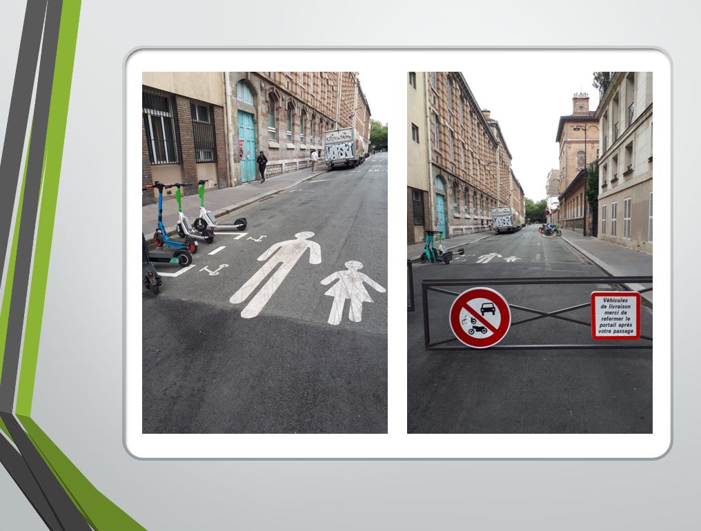 Two photos of 'school streets' in Paris that show signage and barricades that only allow people outside of vehicles to enter this space.