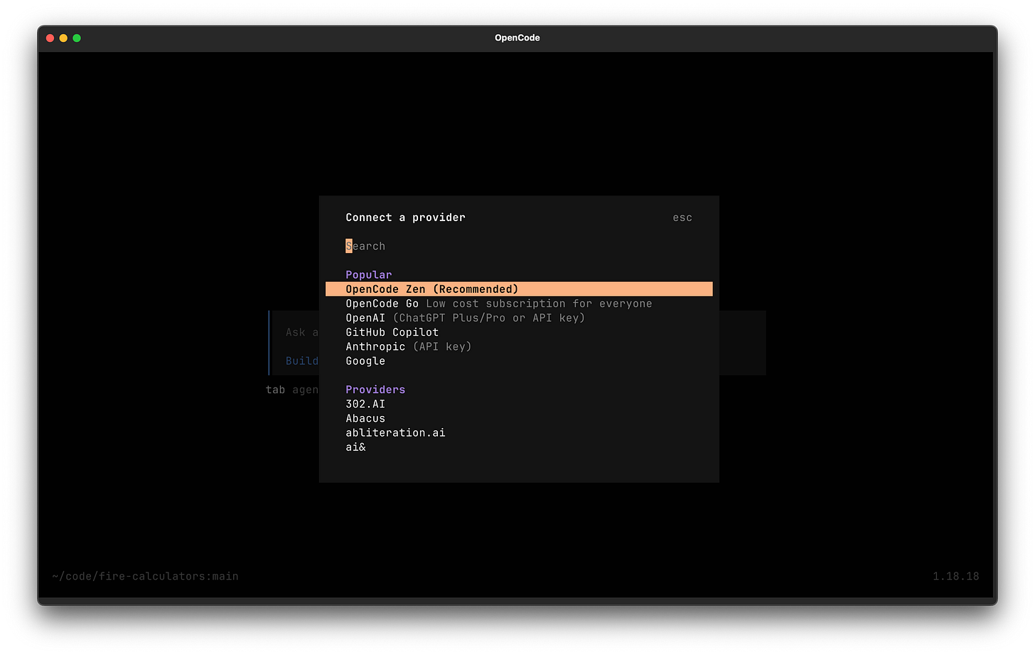 The OpenCode connect selection, showing different model providers The OpenCode connect selection, showing different model providers