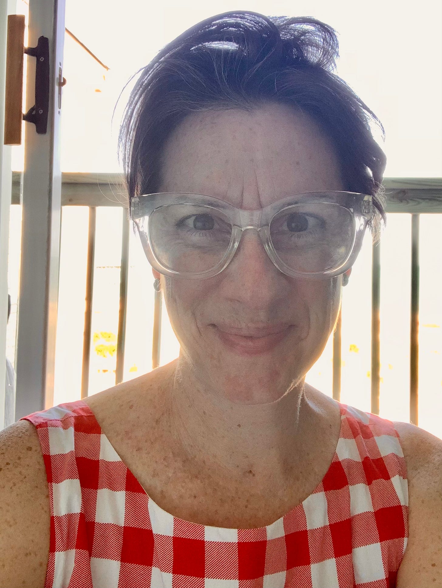 image of author (short hair, clear glasses, freckly and smiling wear a red gingham dress),from bust up, selfie-style