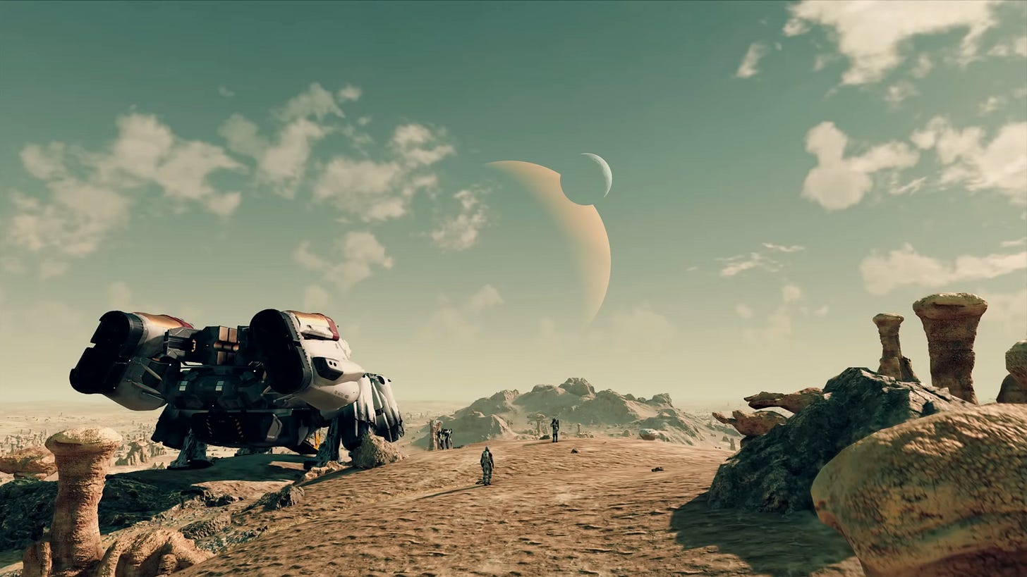 A computer generated image of a futuristic landscape with a large spaceship and a crescent moon in the sky from the Starfield Direct livestream in 2023. The image shows a large black and white spaceship with a thruster on the back and a cockpit on the front. The spaceship is parked on a rocky and barren planet with a few tall rock formations scattered around. There is a small figure standing on the ground near the spaceship, possibly a human or robot. The sky is a light blue, with a large crescent moon visible in the top right corner. The image has a desolate and futuristic feel to it. The image is from the Starfield Direct livestream, which showcased gameplay footage and features of Starfield, a sci-fi role-playing game developed by Bethesda Game Studios.