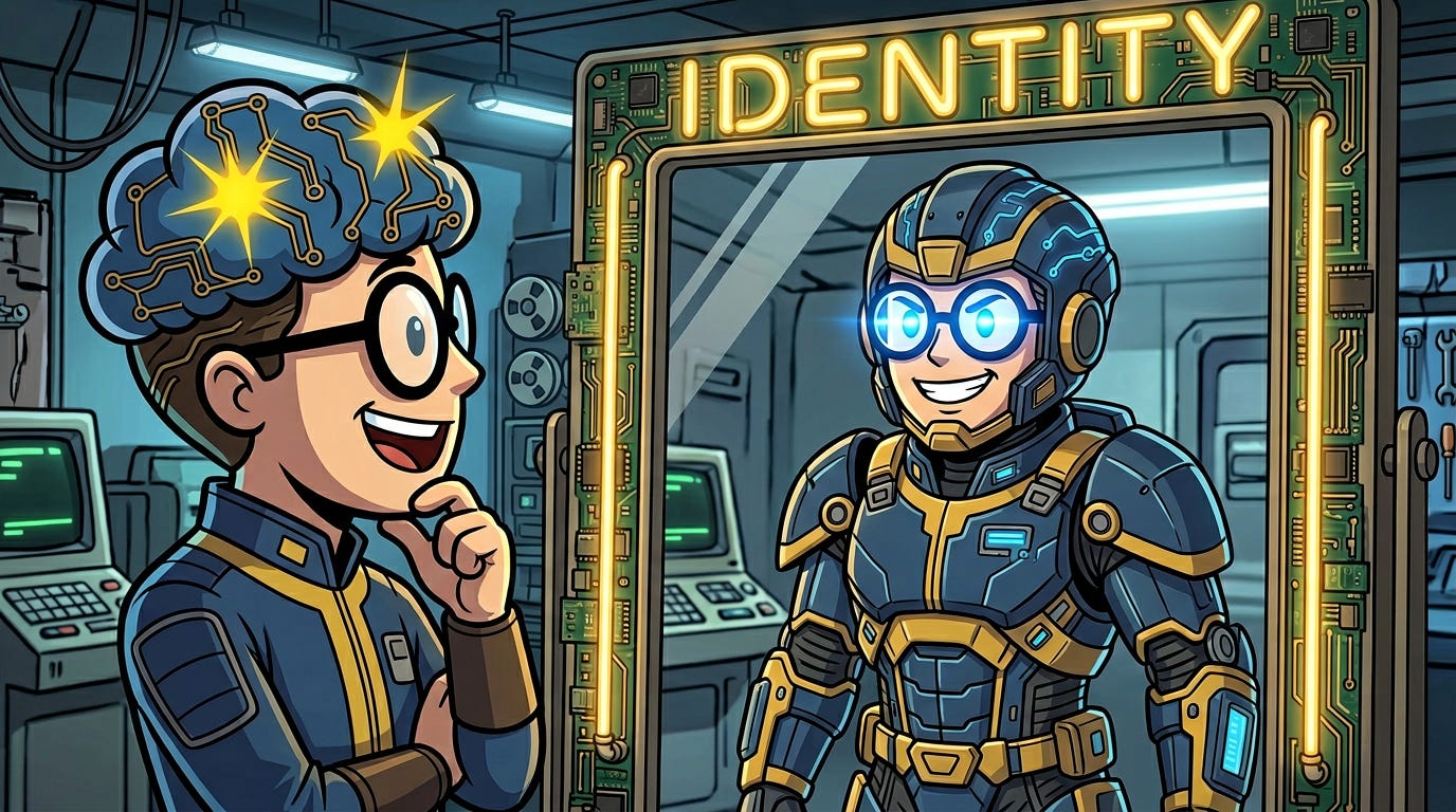 Illustration du GMIND-BOY dans son bunker, contemplant dans un miroir technologique son reflet transformé en pilote d'élite en exosquelette sous un néon marqué "IDENTITY".