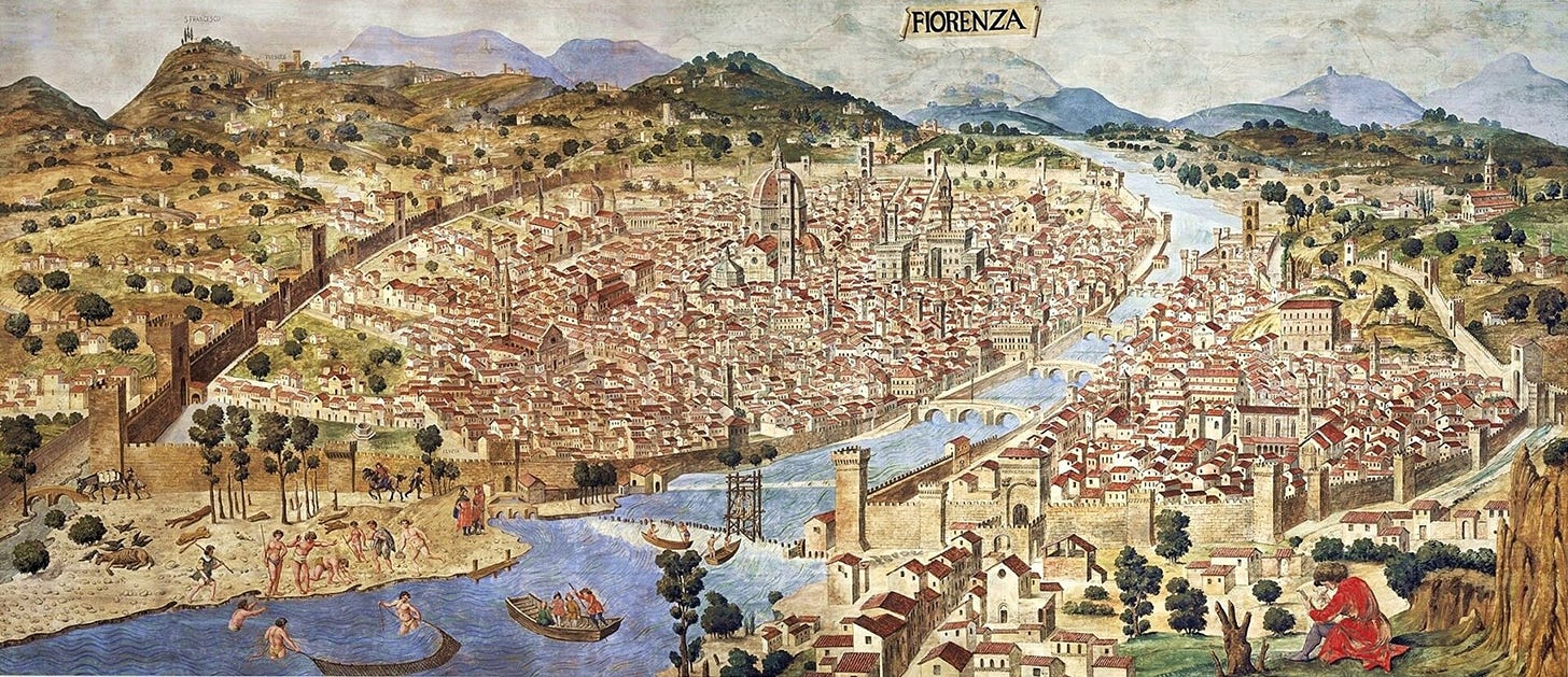 A birds eye view of Renaissance Florence with its walls, river and domed cathedral. A birds eye view of Renaissance Florence with its walls, river and domed cathedral.