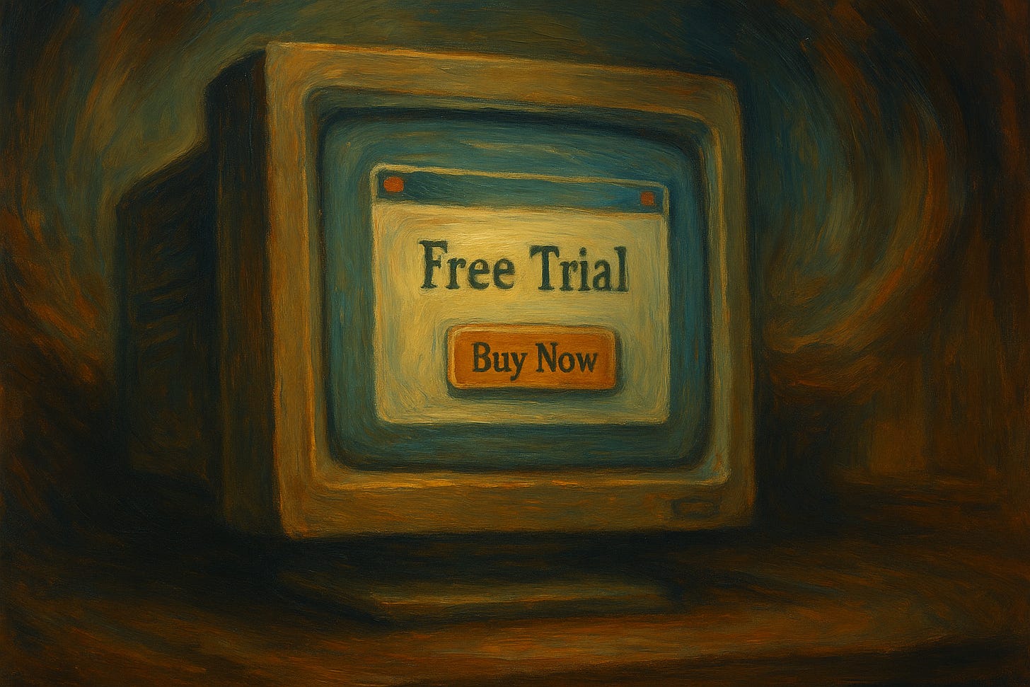 A surreal oil painting of an old-fashioned computer monitor glowing in a dim room. On the screen, a vintage-style window displays the words “Free Trial” above a worn-looking “Buy Now” button. Thick, swirling brushstrokes distort the space around the monitor, giving the scene a nostalgic, dreamlike atmosphere, as if time has been looping inside the trial period. A surreal oil painting of an old-fashioned computer monitor glowing in a dim room. On the screen, a vintage-style window displays the words “Free Trial” above a worn-looking “Buy Now” button. Thick, swirling brushstrokes distort the space around the monitor, giving the scene a nostalgic, dreamlike atmosphere, as if time has been looping inside the trial period.