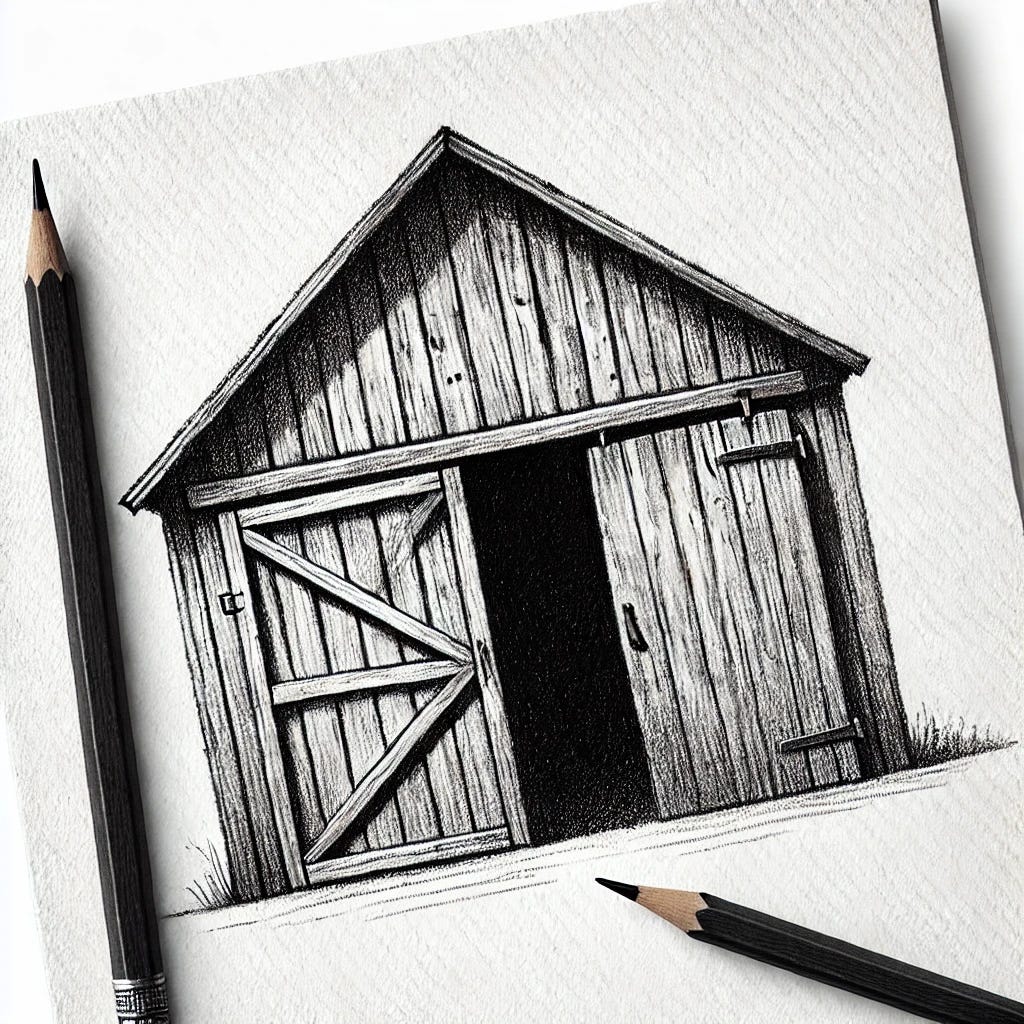 A simple pencil sketch of a rustic wood barn door on the front of a barn. The door is slightly open, revealing darkness inside. The sketch is in black and white, with fine pencil shading to emphasize the wooden texture and rustic details.