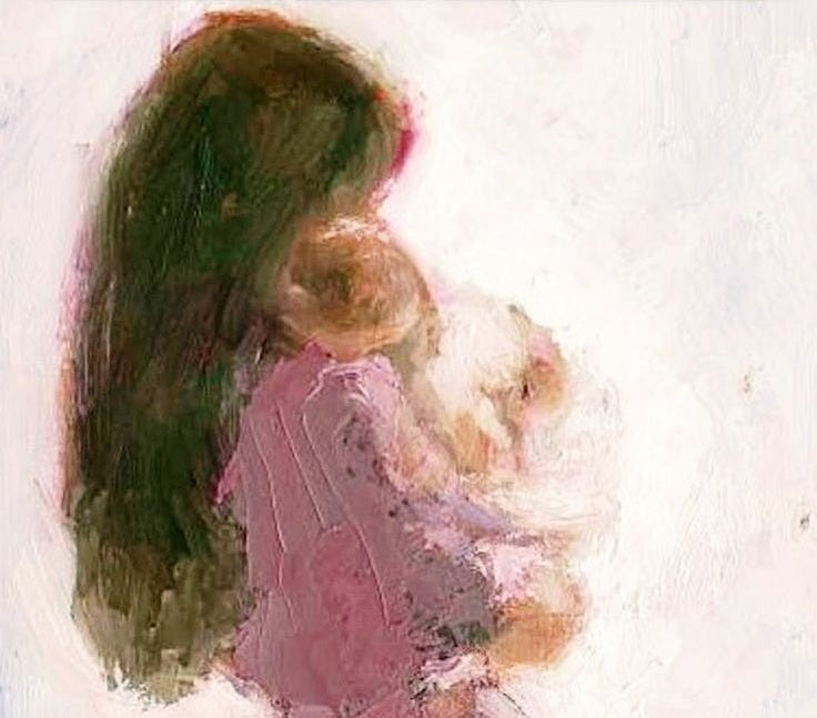 This may contain: a painting of a woman holding a baby in her arms and wearing a pink dress