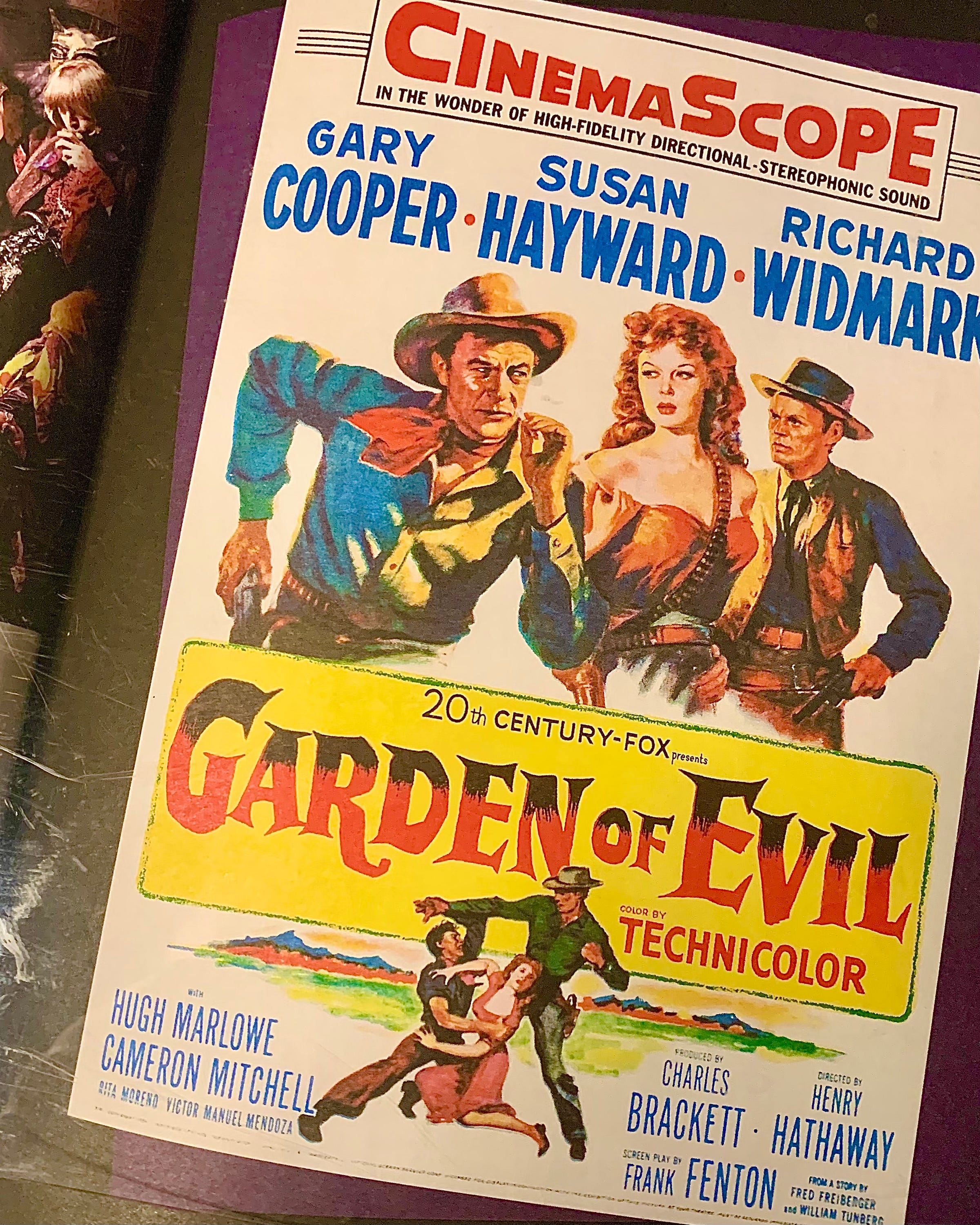 Movie poster for Garden of Evil with image of Gary cooper, Susan Hayward, and Richard widmark