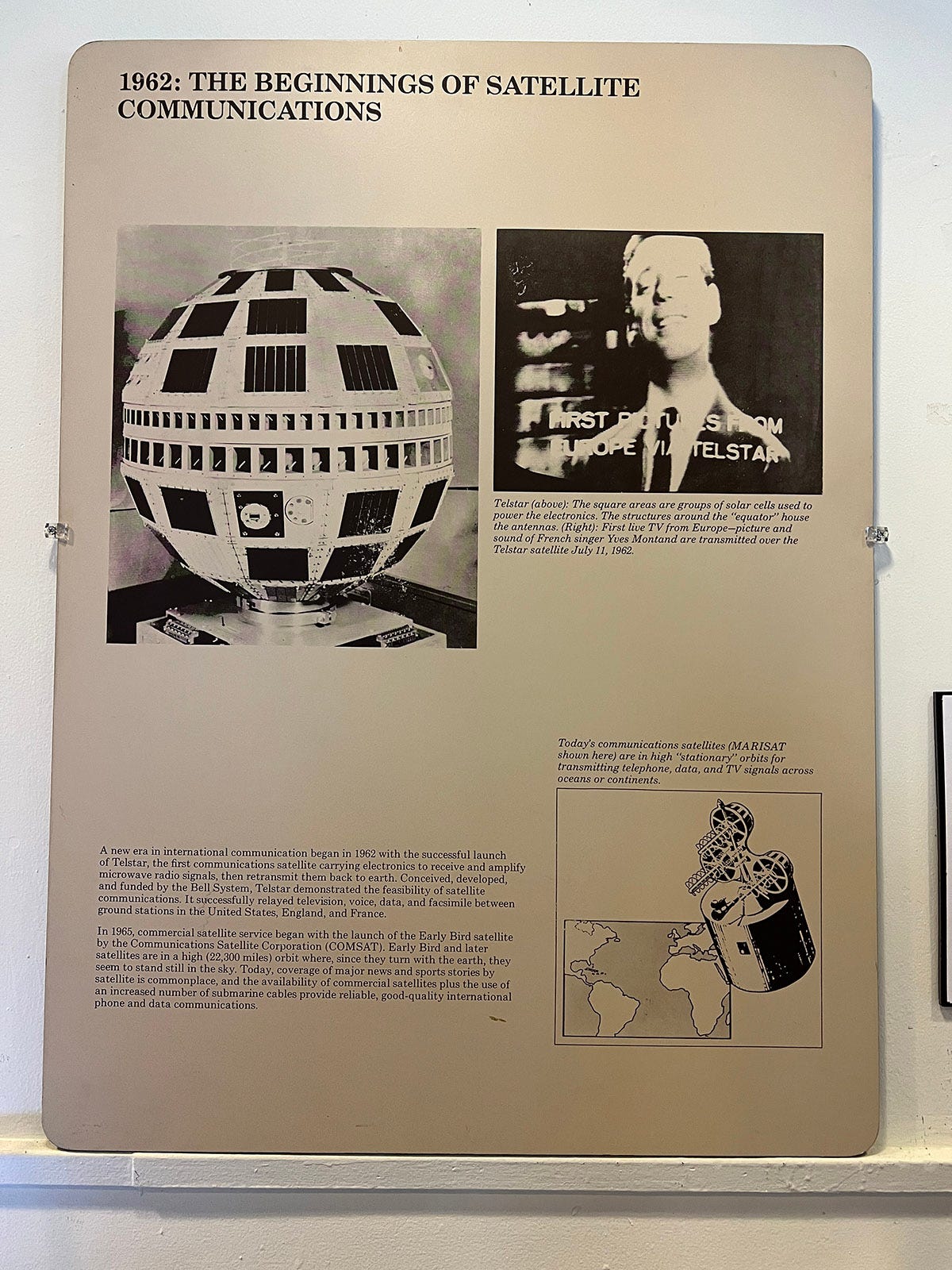 Interpretive panel about Telstar, a 1962 satellite that facilitated the first across-the-Atlantic broadcast