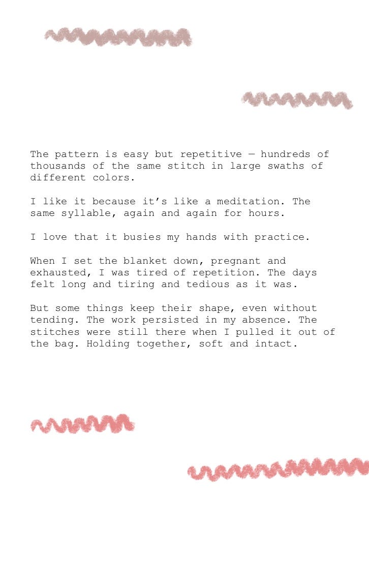 Text over a photo of the knitted fabric with pink scribble accents. The author reflects on the meditative, repetitive nature of knitting and the persistence of work even when abandoned.