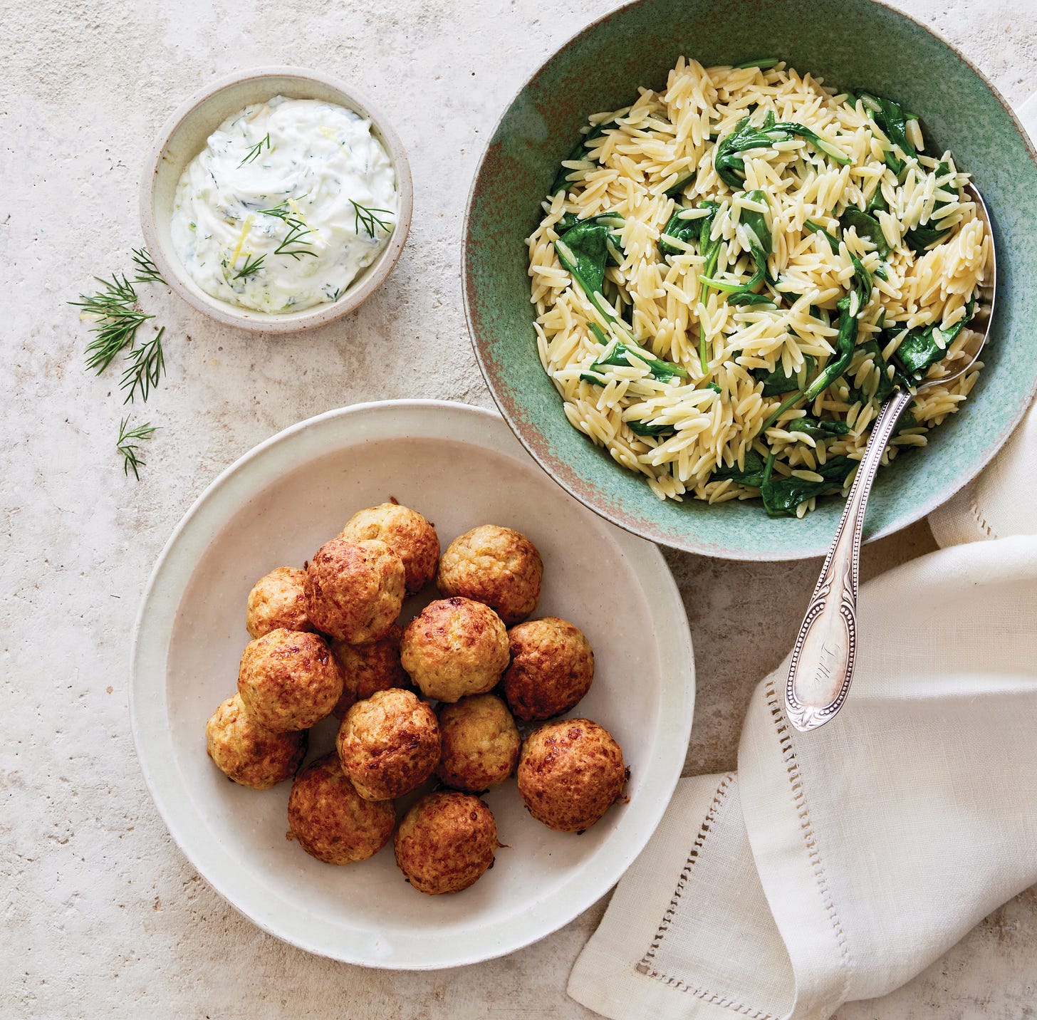 Chicken meatballs with orzo.