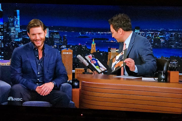 Jensen Ackles laughing with Jimmy Fallon over old modeling pictures