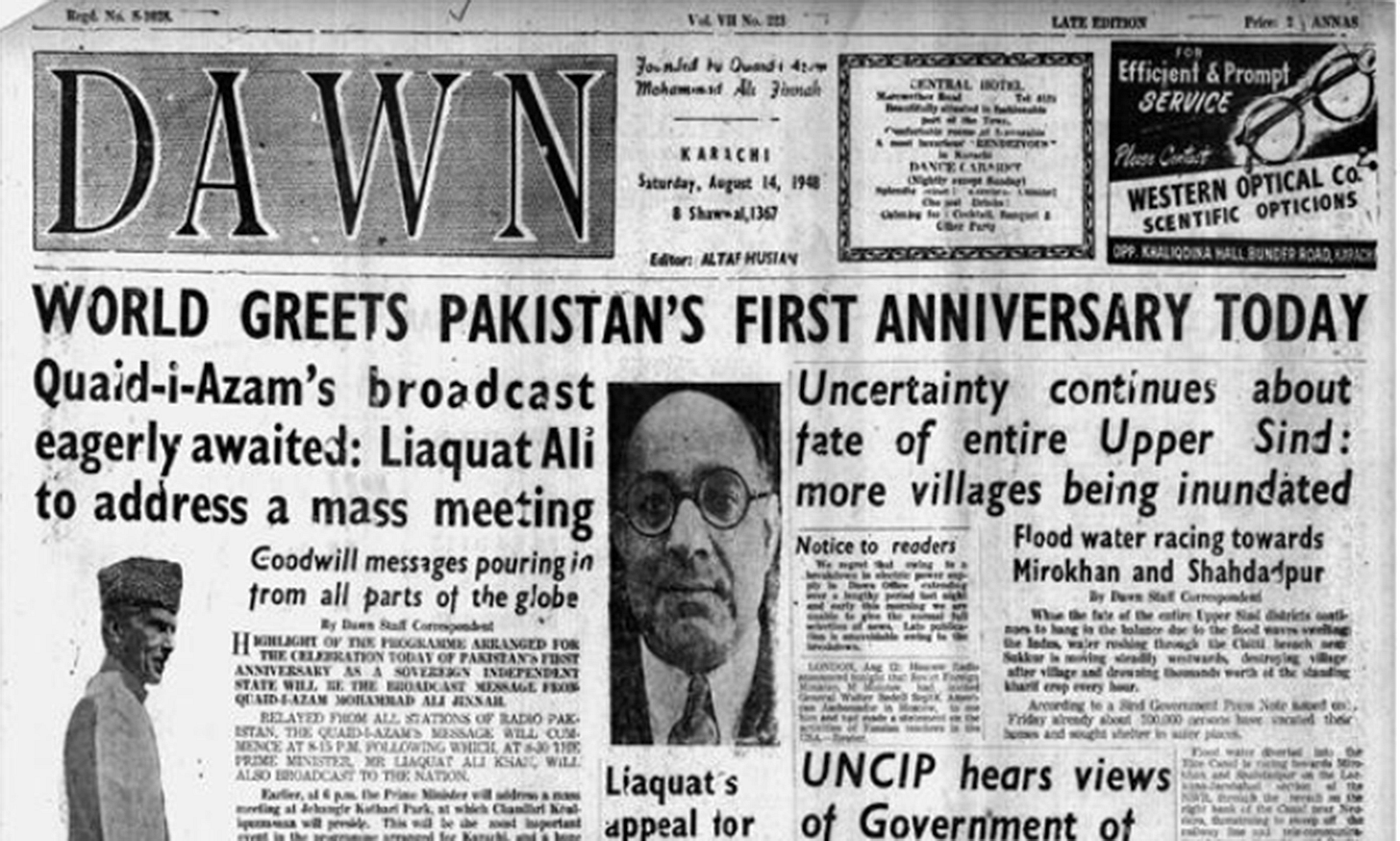 The historic front page of Dawn newspaper from Saturday, August 14, 1948, featuring the headline 'WORLD GREETS PAKISTAN’S FIRST ANNIVERSARY TODAY' with portraits of Quaid-e-Azam Muhammad Ali Jinnah and Liaquat Ali Khan. The historic front page of Dawn newspaper from Saturday, August 14, 1948, featuring the headline 'WORLD GREETS PAKISTAN’S FIRST ANNIVERSARY TODAY' with portraits of Quaid-e-Azam Muhammad Ali Jinnah and Liaquat Ali Khan.