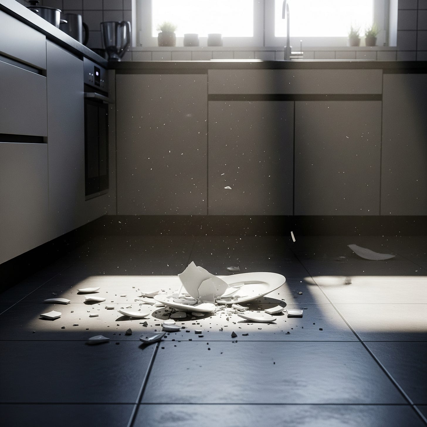 Um prato branco de porcelana está espatifado em vários fragmentos no chão de azulejos cinza-escuro da cozinha, com a luz do sol entrando pela janela e destacando os cacos.