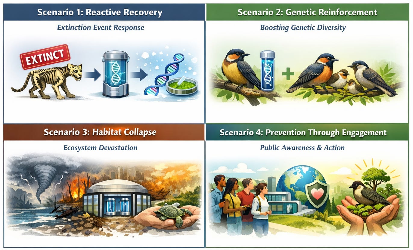 A 2x2 grid with symbolic visualizations of the four scenarios below