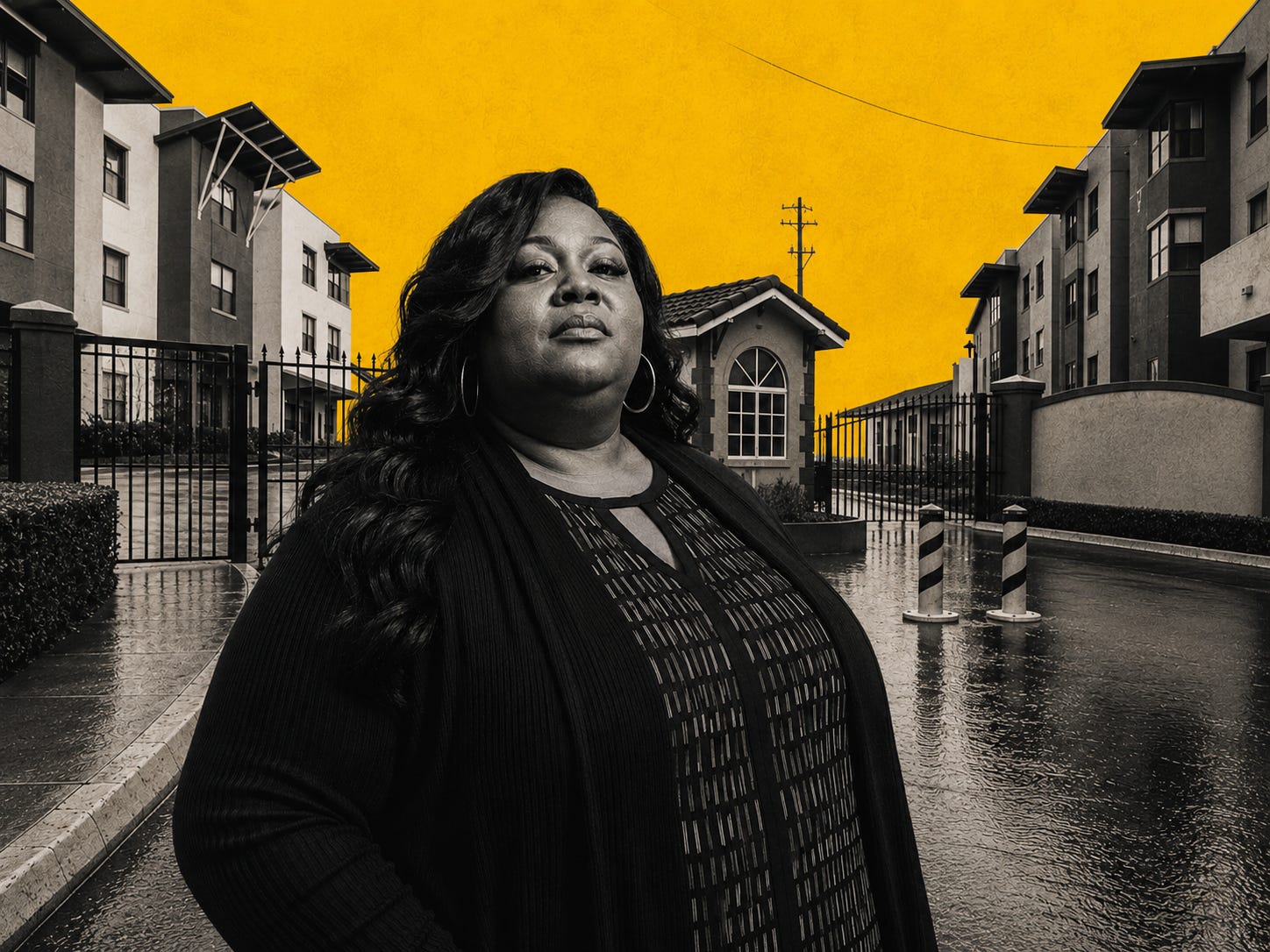 Illustration: A bold editorial-style image featuring a confident Black woman standing prominently before the entrance of a gated residential community.