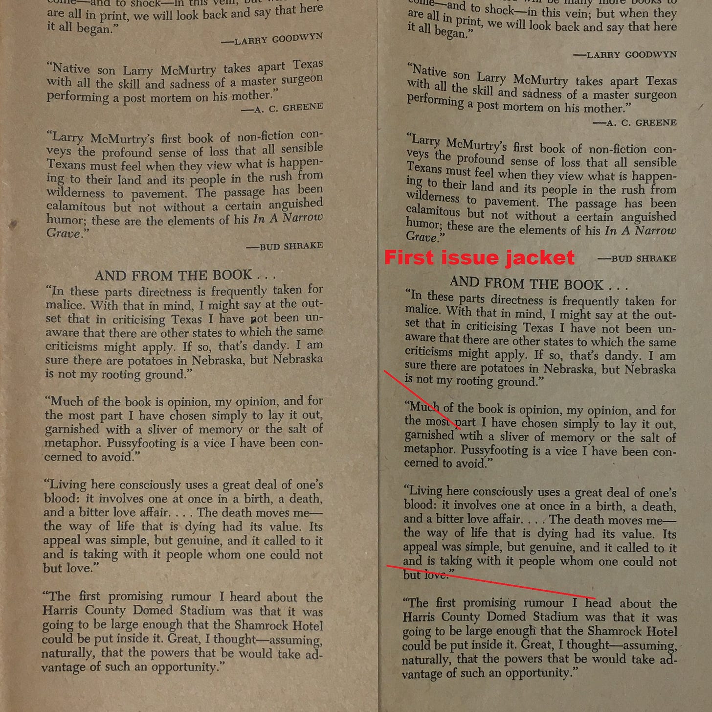 The corrected dust jacket for In a Narrow Grave alongside the first printing jacket with two typographical errors.