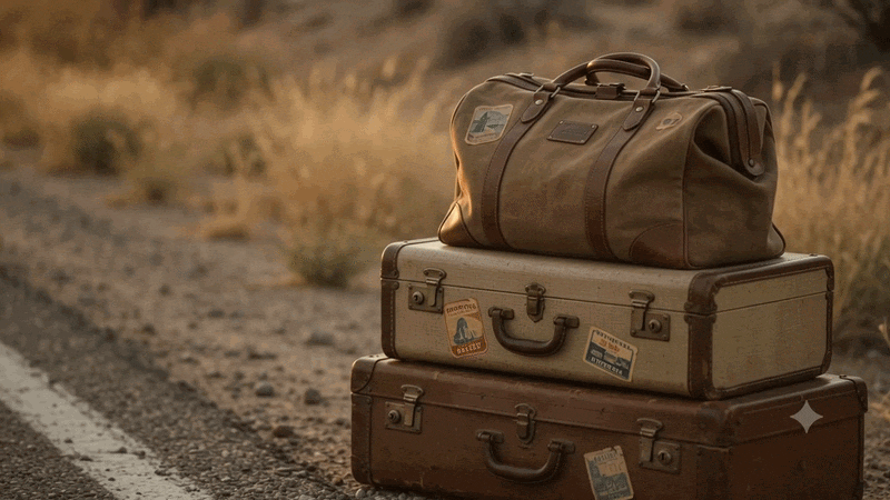 Several pieces of luggage sitting unclaimed at the edge of a sun-warmed road, the open road ahead empty and golden — the visual of deliberately setting down what was never yours to carry Several pieces of luggage sitting unclaimed at the edge of a sun-warmed road, the open road ahead empty and golden — the visual of deliberately setting down what was never yours to carry