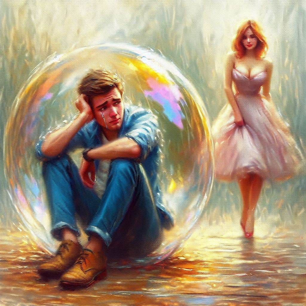 A young man sits inside a plastic bubble, crying as he watches a pretty woman walk past it. Slight impressionist style. A young man sits inside a plastic bubble, crying as he watches a pretty woman walk past it. Slight impressionist style.