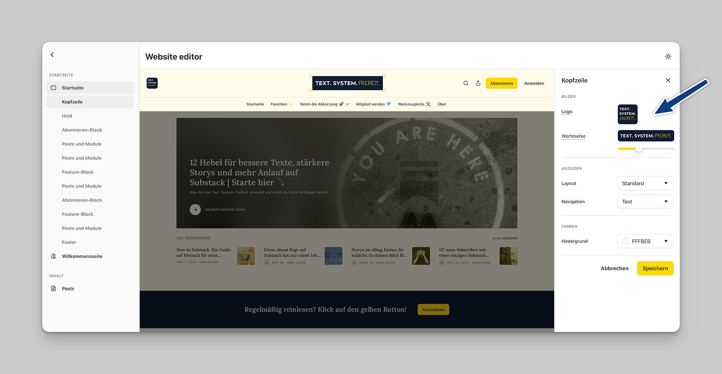 Screenshot des Substack Website-Editors mit Logo und Wortmarke Screenshot des Substack Website-Editors mit Logo und Wortmarke