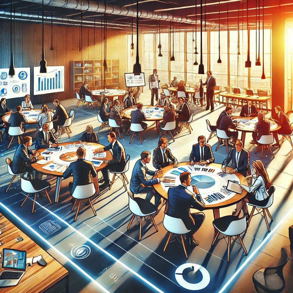 A dynamic and visually engaging illustration on 'Active Learning and Business Simulators: A Winning Combination for Corporate and Academic Training.' The image depicts a modern business training room with multiple round tables, where teams of executives collaborate on business strategy exercises. The setting is professional yet inviting, with whiteboards, paper notes, and discussion-driven interactions. The participants are engaged in group problem-solving and decision-making, fostering teamwork and communication. The atmosphere is warm and energetic, with natural lighting and a contemporary workspace design. The style is bold, colorful, and modern, avoiding generic AI aesthetics, with strong contrasts and depth.