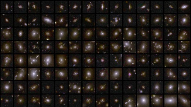 Une trentaine de lentilles gravitationnelles prises en photo, comme si les galaxies étaient démultipliées par un reflet cosmique Une trentaine de lentilles gravitationnelles prises en photo, comme si les galaxies étaient démultipliées par un reflet cosmique