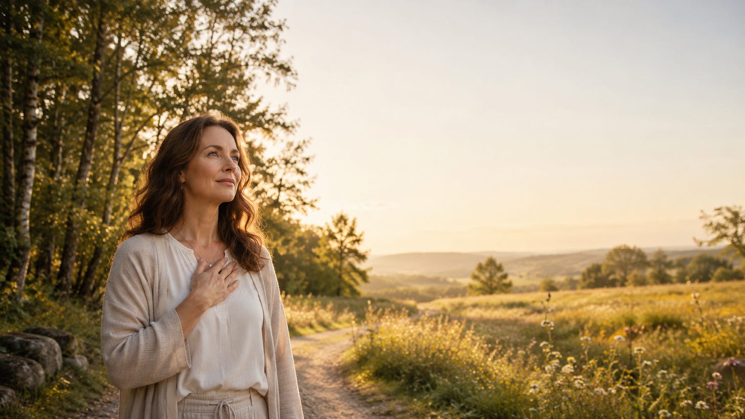 A woman with long brown wavy hair stands near a meadow looking ahead. She has her hand resting on her heart signifying her feeling of calm presence. 