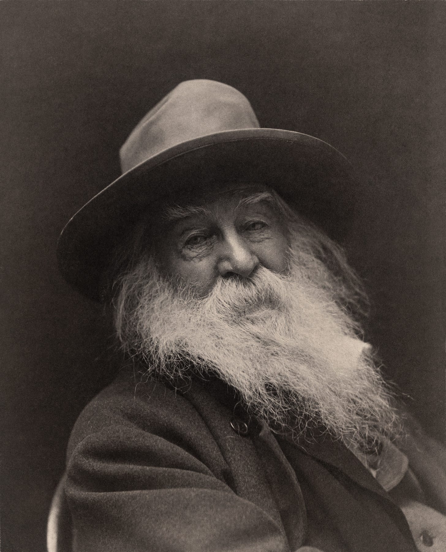 foto em branco e preto com Walt Whitman ao centro de chapéu e cabelo, sobrancelha e barba brancos se interligando mutuamente.