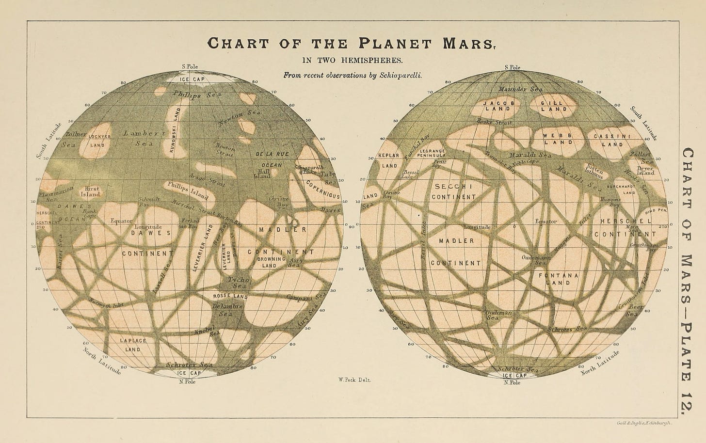 This 1891 map by Italian astronomer Giovani Schiaparelli shows waterways that appeared unnaturally straight, leading to speculation that they were artificial. (Source: A Popular Handbook and Atlas of Astronomy, by William Peck, 1891)