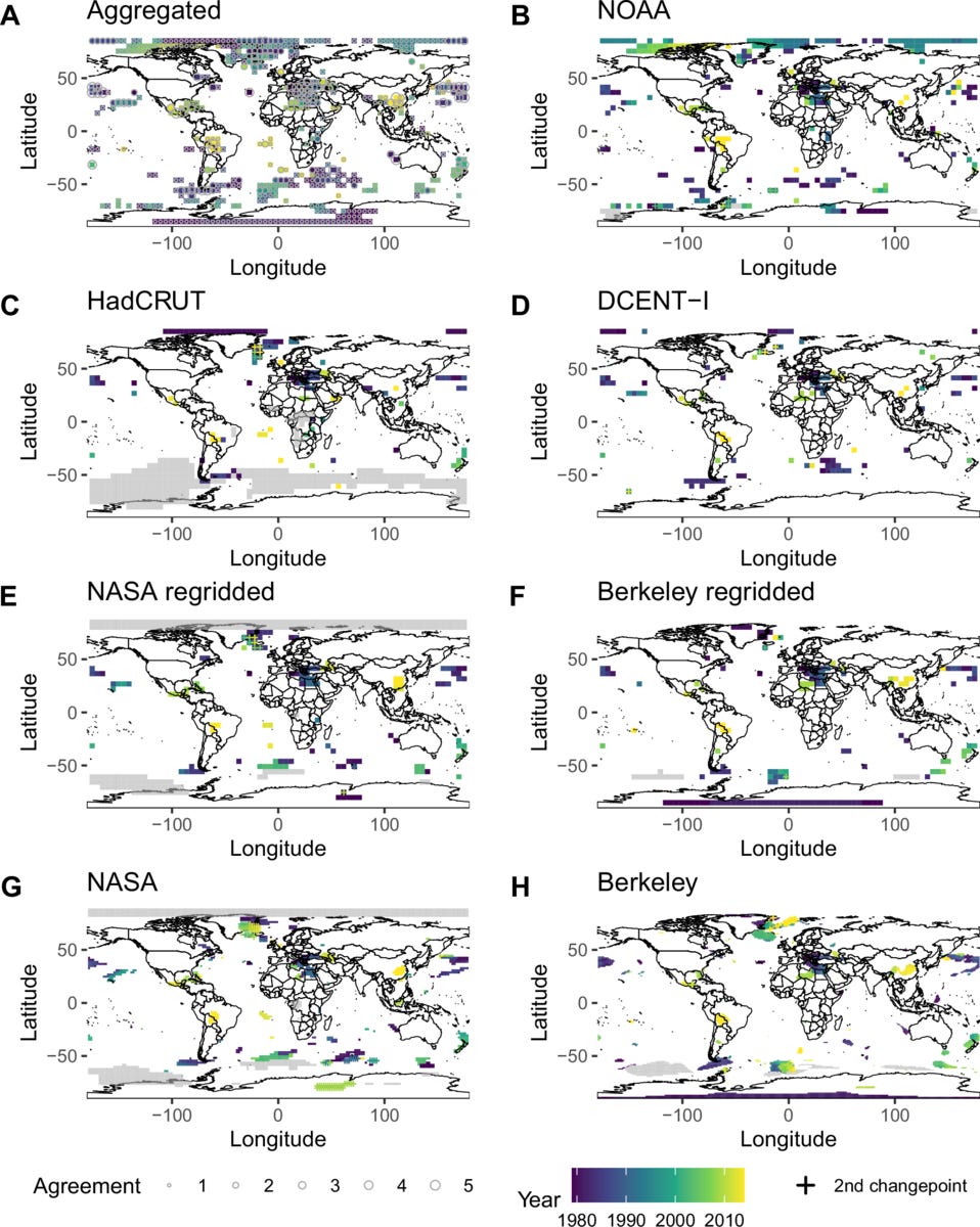 Timings of regional changes in the rate of warming detected since 1970 across multiple datasets Timings of regional changes in the rate of warming detected since 1970 across multiple datasets
