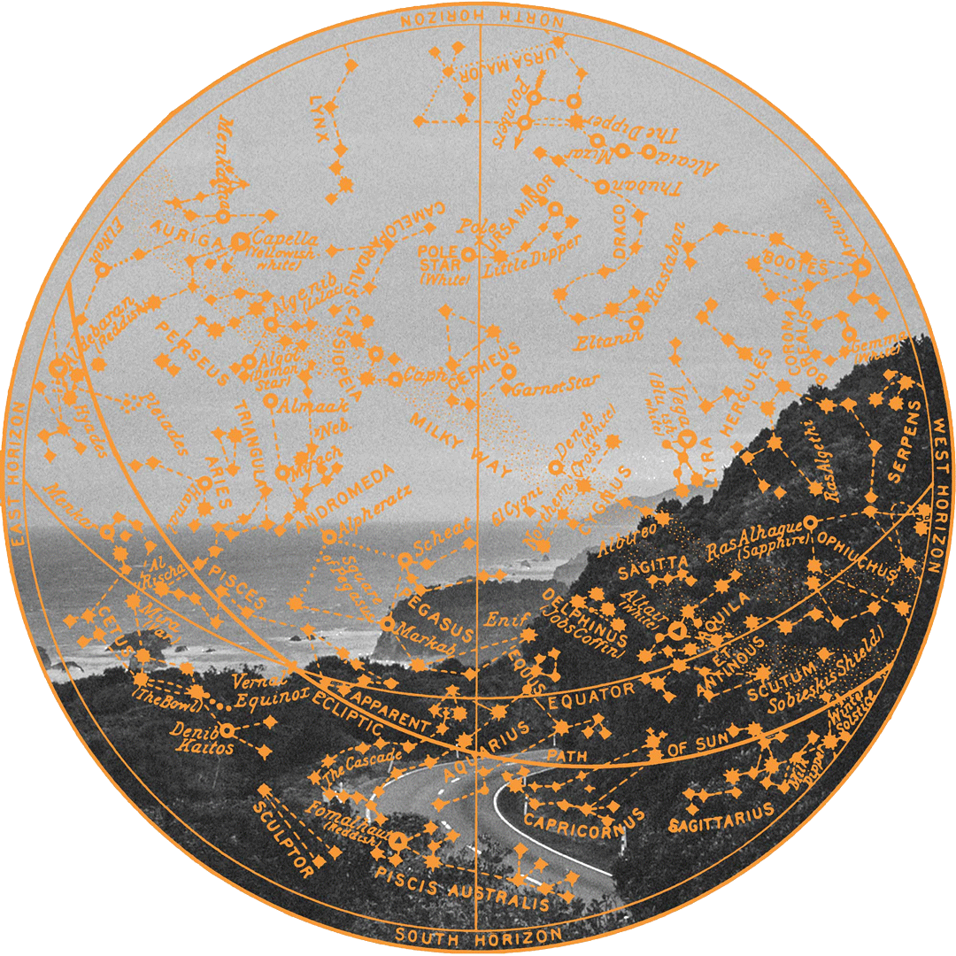 Celestial star chart overlaid on a mountainous landscape photograph, showing constellations, the celestial equator, and zodiac signs in orange text and dots against a grey sky with dark mountain silhouettes