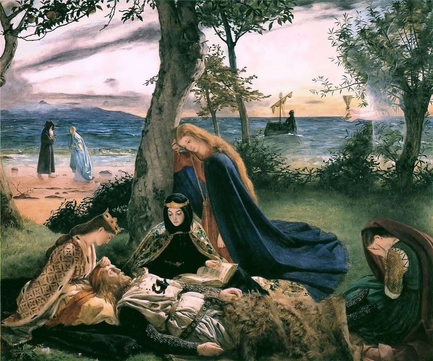 A richly colored Pre-Raphaelite painting showing a dramatic, emotional scene by the seashore: the dying King Arthur lies on the grass beneath a tree, surrounded by four sorrowful women, one of whom reads from a book. In the background, two figures stand at the water’s edge while a small boat approaches from the sea, evoking the mystical ending of the Arthurian legend. James Archer, _The Death of King Arthur_ via [Wikimedia](https://commons.wikimedia.org/wiki/File:The_Death_of_King_Arthur_by_James_Archer_(1860).jpg#mw-jump-to-license)