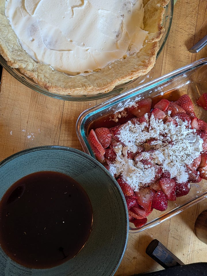 Macerated berries with excess liquid drained off, ready to be tossed in corn starch and filled into pie crust with bottom layer of creme fraiche. What the same pie looked like just before going into the oven. This one may have had a smidge too much liquid in the bottom.