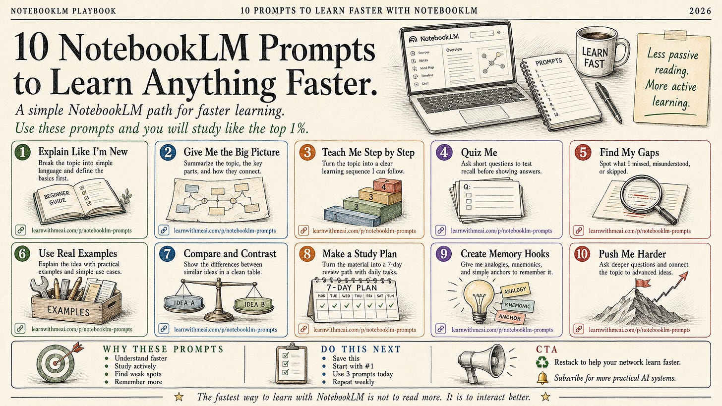 NotebookLM prompts for learning, ten prompts grouped by retrieval, spacing, interleaving, generation NotebookLM prompts for learning, ten prompts grouped by retrieval, spacing, interleaving, generation