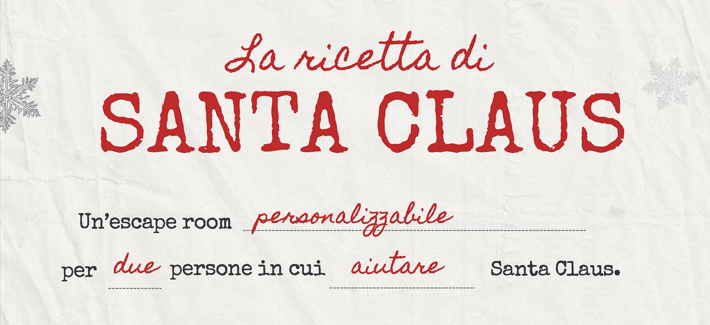 Grafica natalizia con la scritta “La ricetta di Santa Claus”. Sotto compare il testo: “Un’escape room personalizzabile per due persone in cui aiutare Santa Claus.” Decorazioni di fiocchi di neve ai lati su sfondo chiaro stropicciato. © Beatrice Sgaravatto