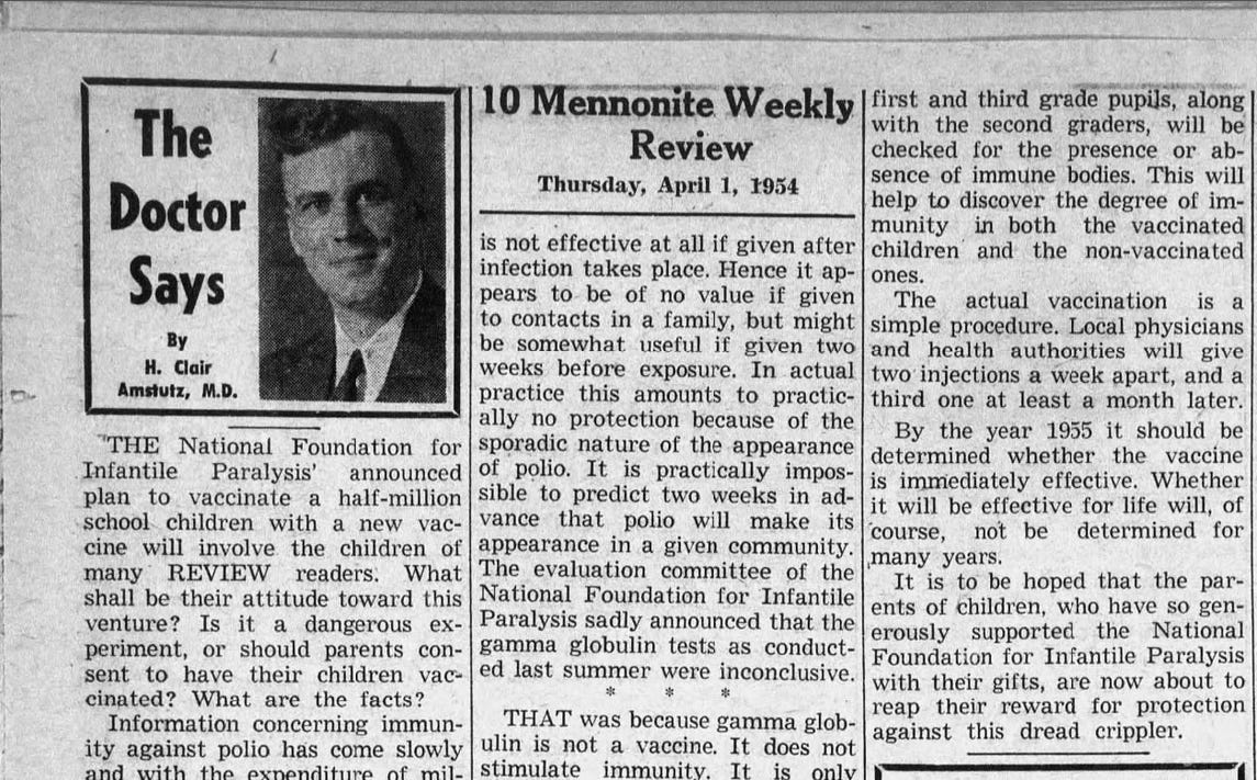 Mennonites supported the new polio vaccine when it was being trialed. Mennonites supported the new polio vaccine when it was being trialed.