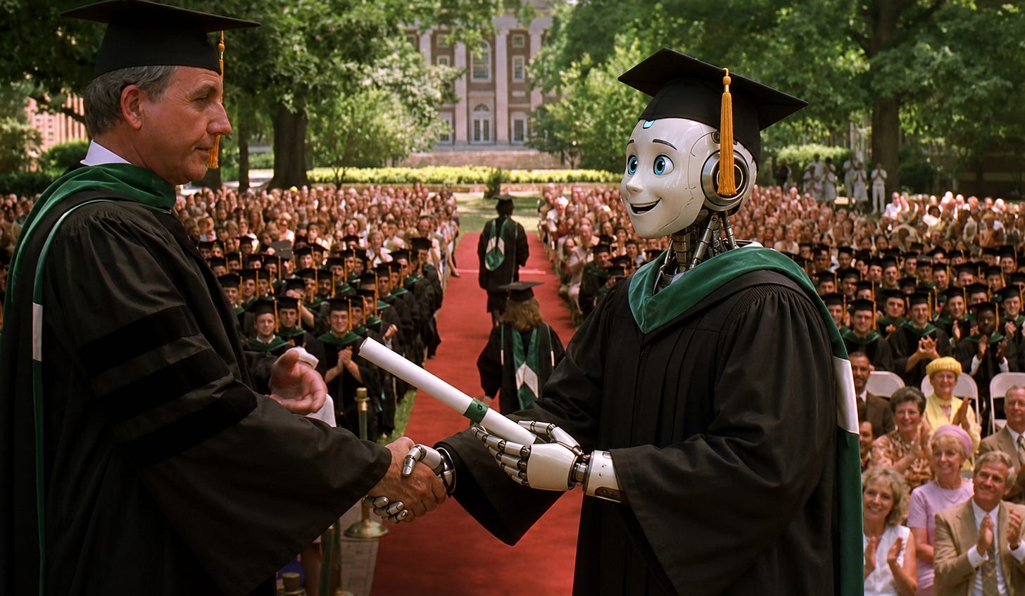 Humanoid robot in graduation robes receives a diploma during an outdoor ceremony. Humanoid robot in graduation robes receives a diploma during an outdoor ceremony.
