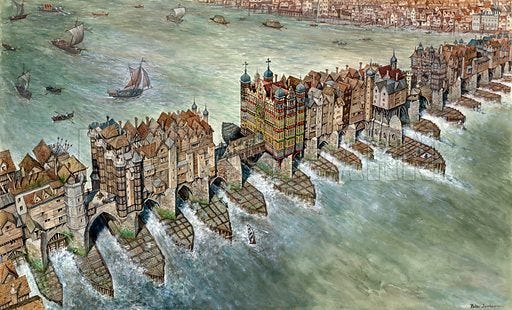 Old London Bridge, c 1600. See separate key. Scanned from original artwork. Hugh image with enormous amounts of detail.