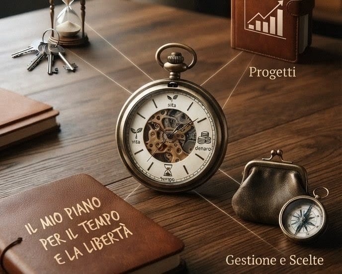 Immagine concettuale di pianificazione e gestione del tempo e della libertà finanziaria. Un orologio da tasca antico con meccanismo a vista è al centro, circondato da oggetti simbolici su un tavolo di legno scuro: un'agenda in pelle con la scritta 'IL MIO PIANO PER IL TEMPO E LA LIBERTÀ', un portamonete in pelle, un piccolo orologio da tasca secondario e chiavi. Linee sottili collegano visivamente gli oggetti a scritte sovraimpresse che categorizzano i temi: 'Progetti', 'Gestione e Scelte', e sul quadrante dell'orologio le parole 'vita' e 'denaro'.