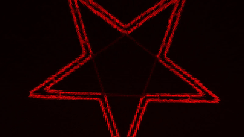 A red pentagram on a black background