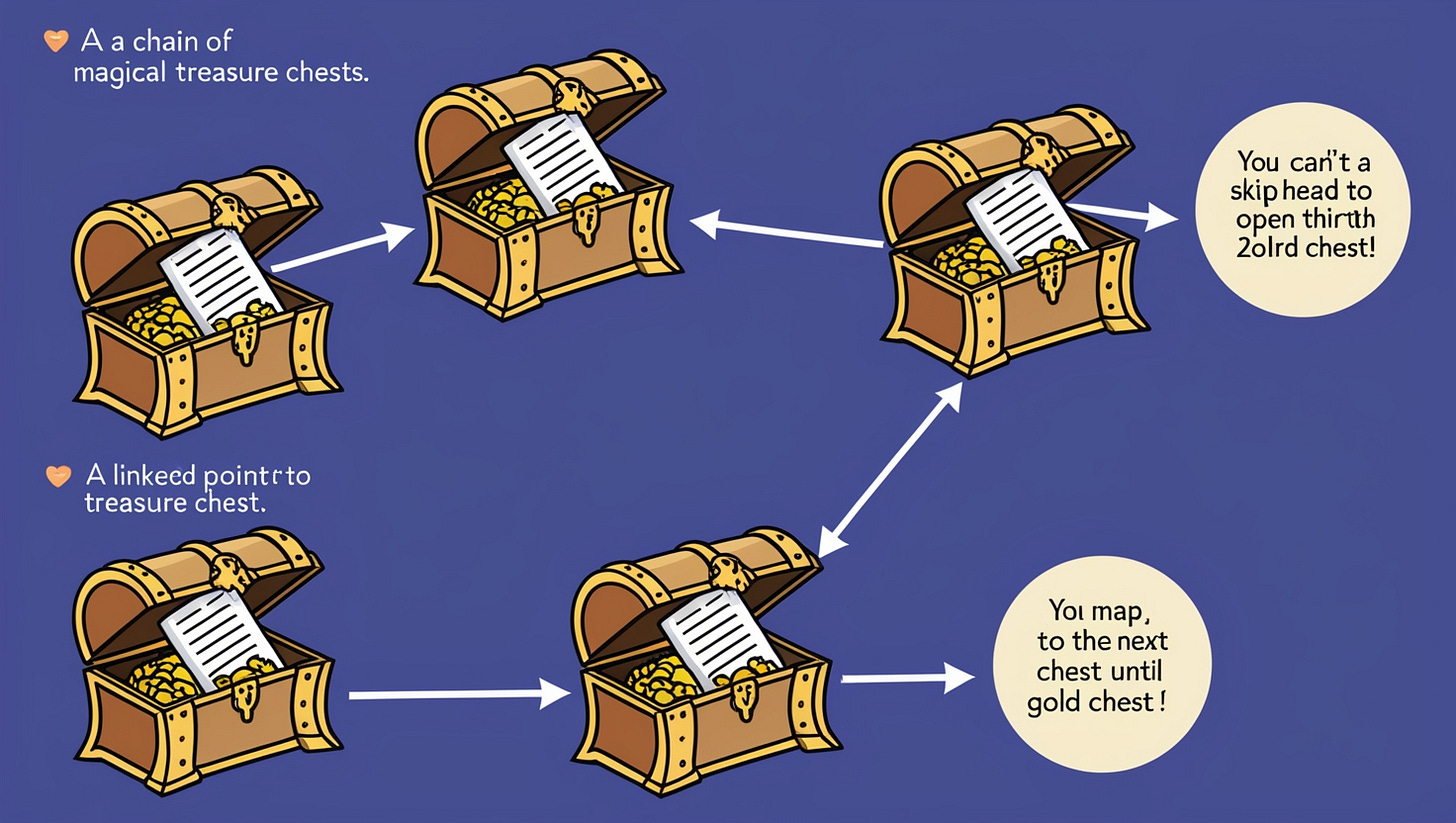 You have a chain of magical treasure chests. Each chest has:

Some treasure (data, like gold coins).

A map pointing to the next chest in the chain.

You can’t skip ahead and open the third chest until you've found the second one because the map to the next chest is always inside the current one! 🗺️

That’s a Linked List in a nutshell! It’s a data structure where each element (called a node) contains:

Data (the stuff you care about).

A pointer to the next node in the list (like a treasure map 🗺️).