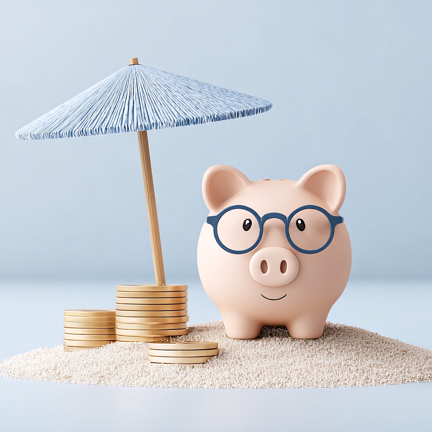 piggy bank on a pile of sand with stacks of coins and blue beach umbrella piggy bank on a pile of sand with stacks of coins and blue beach umbrella